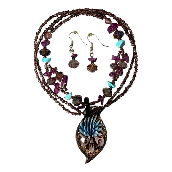 Boho Glass Pendant Necklace & Dangle Earrings Set Beaded Cord Purple Turquoise - Picture 3 of 7